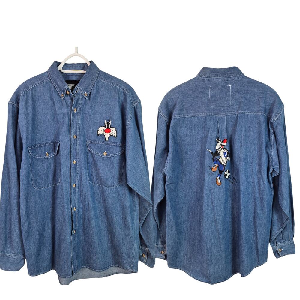 Looney Tunes Sylvester the Cat Soccer Theme Vintage Embroidered Blue Shirt XL